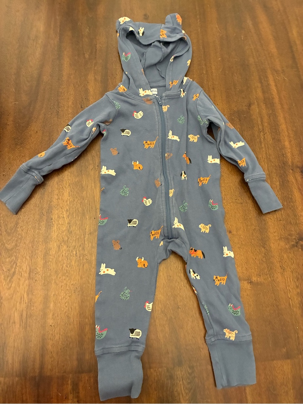 Tea Collection Baby Bear Ears Hooded Romper 9-12 Months Jumpsuit Blue Animals